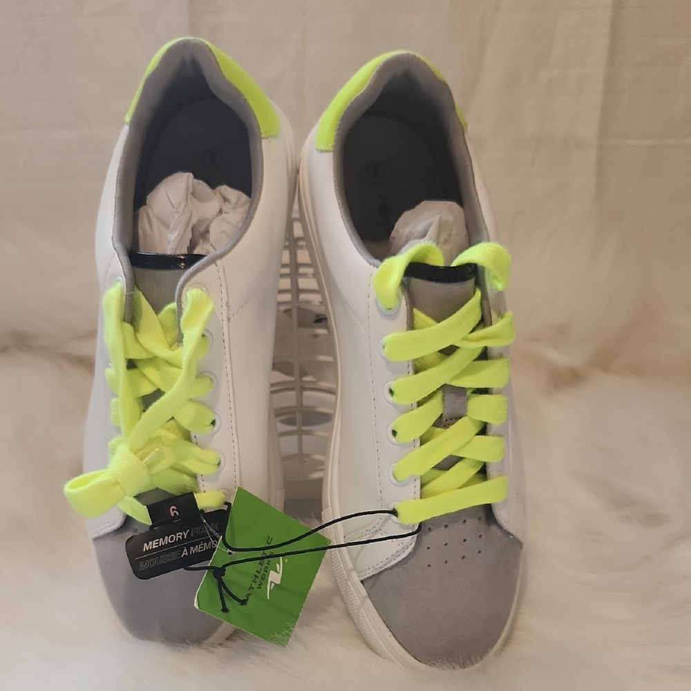 White and Neon Yellow Sneakers. Size 6.